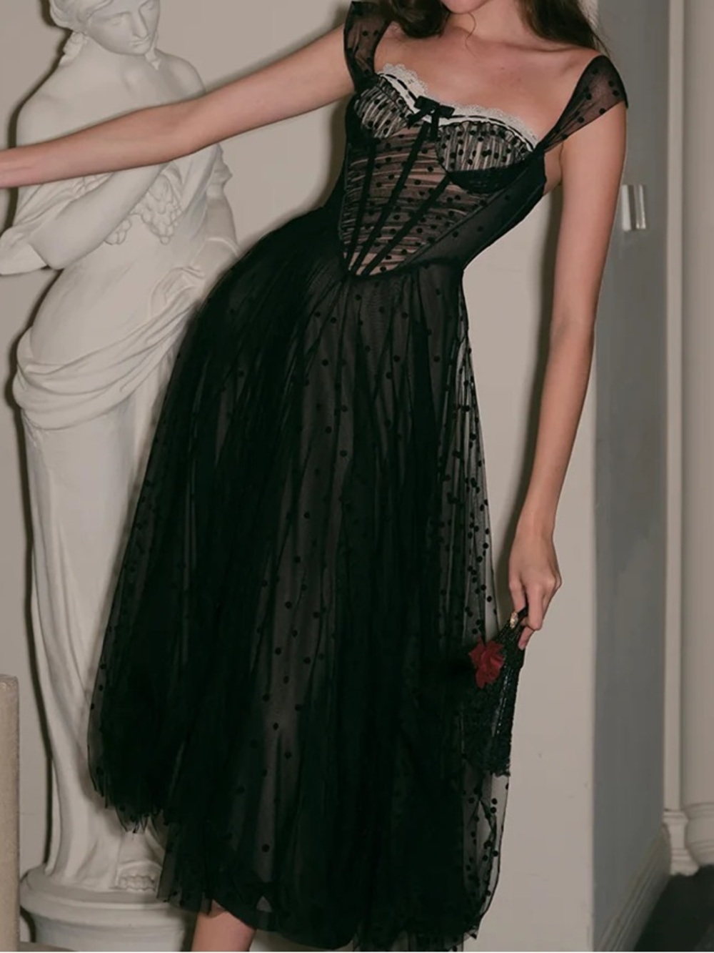 ✨NWT✨LACEMADE Dream Harbor Midnight 🖤Black Corset Sheer Polka Dot Midi Dress - Picture 4 of 16